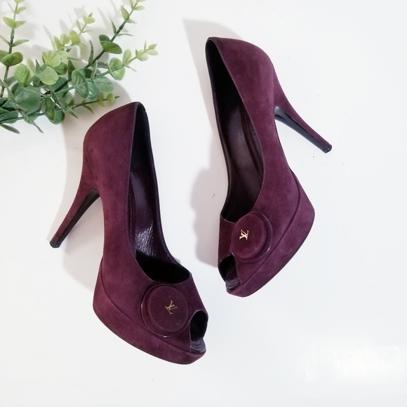 LOUIS VUITTON Chelsea Open Toe Aubergine Suede Leather Pumps 37 US 7 - Picture 10 of 16